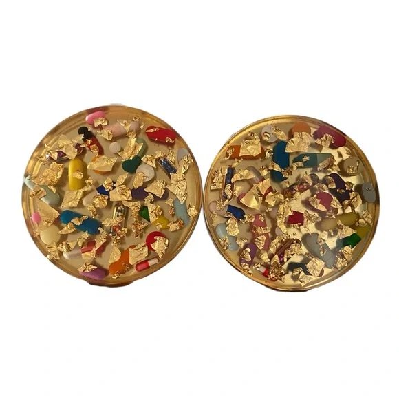 Gold Leaf Resin Pill Pharmaceutical Coasters Set 2-Coasters Dopamine Decor gift - Picture 8 of 8